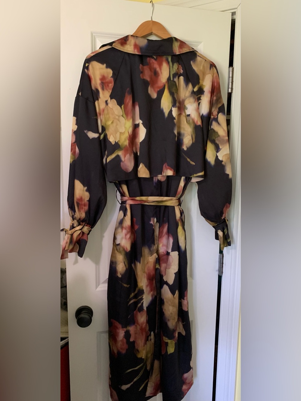 Zara Accessories WrapTrench Coat Duster Tie Sleeve Deep Blue Black AbstractPrint - Picture 2 of 16